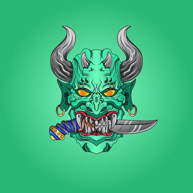 Green hannya mask and horns on his head with japanese style culture illustration sword