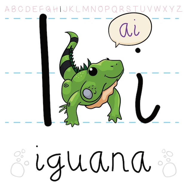 Green and happy iguana with long tail teaching at you the alphabet letter 'I' and its pronunciation