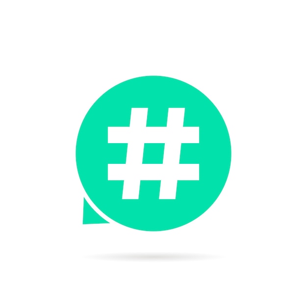 Green hashtag logo with shadow. concept of comments showing, find pr, website short messages, searching, grille, we. flat style trend modern logotype design vector illustration on white background