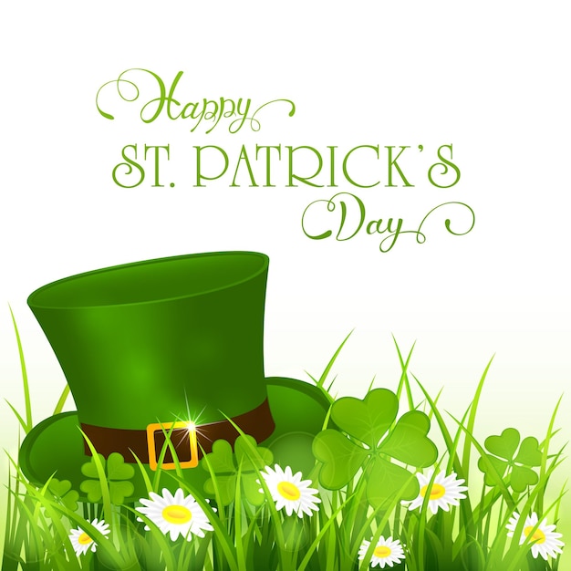 Зеленая шляпа лепрекона в траве и клевере на белом фоне праздничная надпись С Днем Святого Патрика иллюстрация