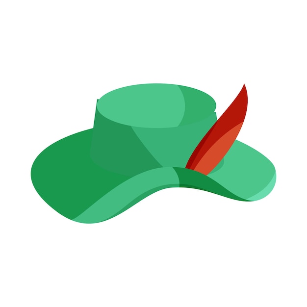 Vector green hat with feather icon in cartoon style on a white background