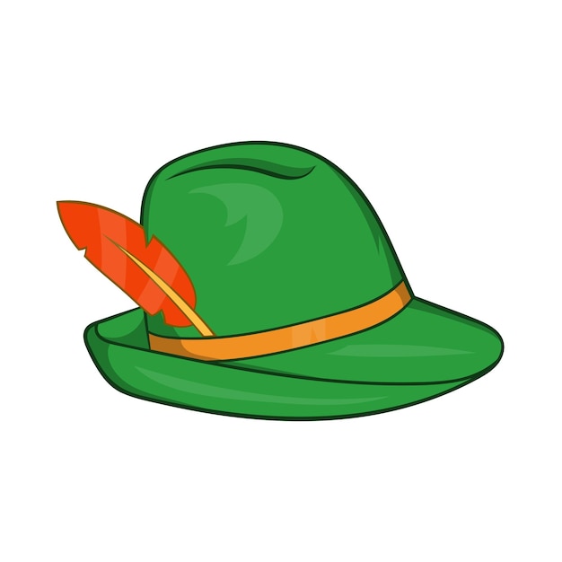 Green hat with a feather icon in cartoon style on a white background