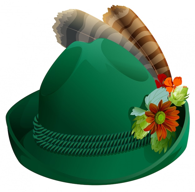 Vettore cappello verde con piume per l'oktoberfest