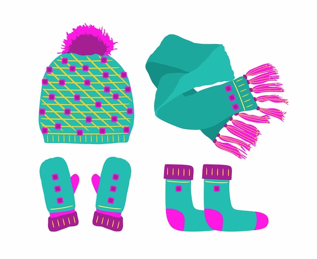 Vettore cappello verde con calzini, sciarpa con pompon e set di guanti accessori tradizionali invernali stagionali lavorati a maglia
