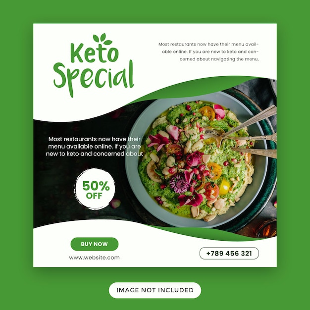 녹색 건강 식품 메뉴 또는 케토 아침 식사 소셜 미디어 배너 템플릿