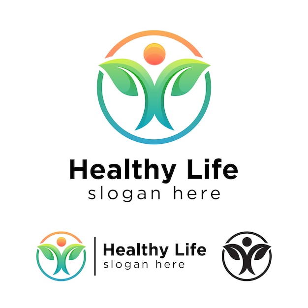 Green Healthy life gradient logo, people with leaf logo concept  template