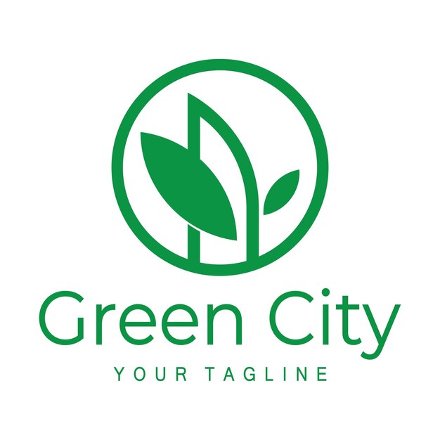 Vettore città moderna verde e sana con design del logo della foglia per l'edilizia commerciale ecocity architect