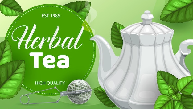 Green or herbal tea leaves with teapot mesh spoon