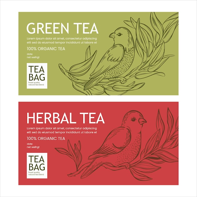 Vector green and herbal tea packaging with birds and flowers set