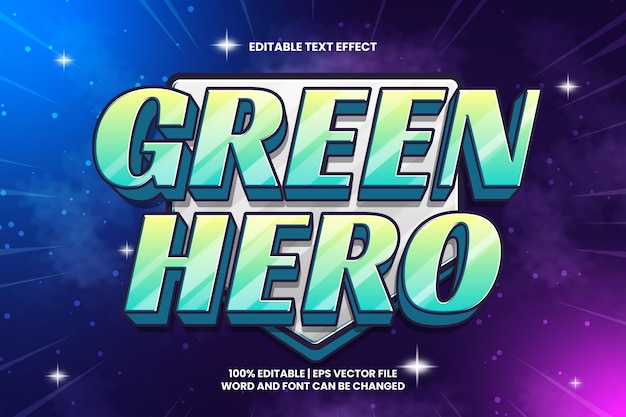 Vettore effetto di testo modificabile green hero in stile cartone animato