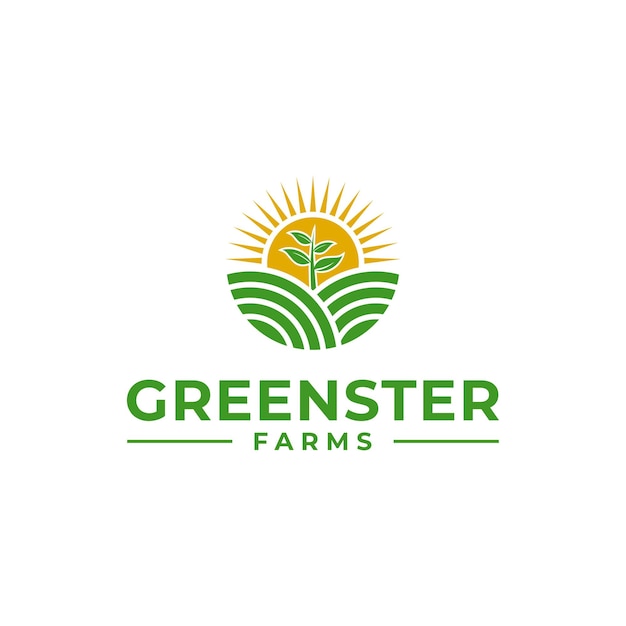 Green hill farm met sun-logo-ontwerp