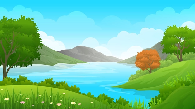 Green Hill and forest along side a river or lake vector illustration