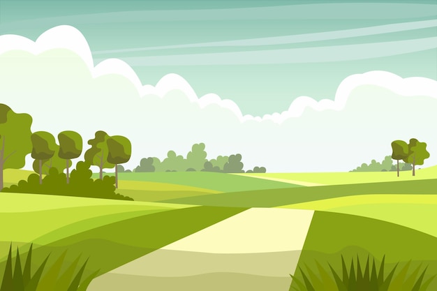 Green hills bright color blue sky background in flat cartoon style nature landscape