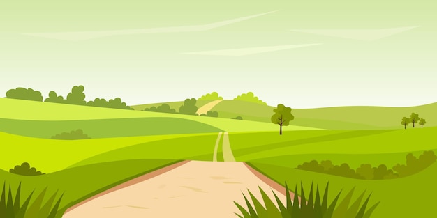 フラットな漫画スタイルの緑の丘の明るい色の青い空の背景、自然の風景