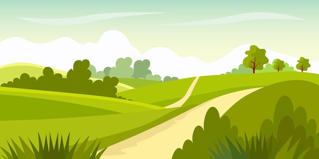 Green hills bright color blue sky background in flat cartoon style Nature landscape