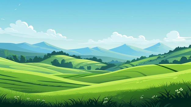 Вектор Зеленые холмы с зеленым ландшафтом и горами на заднем плане