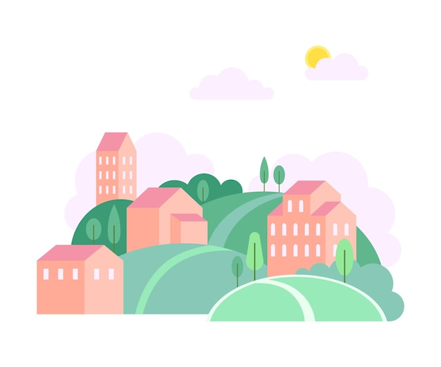 green hills with local houses as cozy cityscape or urban landscape vector illustration