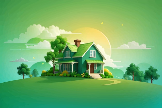 Vettore casa verde sullo sfondo naturale