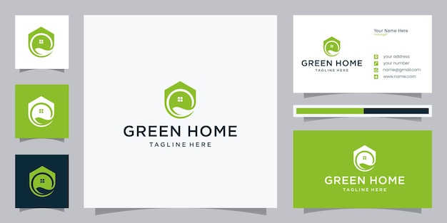 Design del logo naturale della casa verde e biglietto da visita
