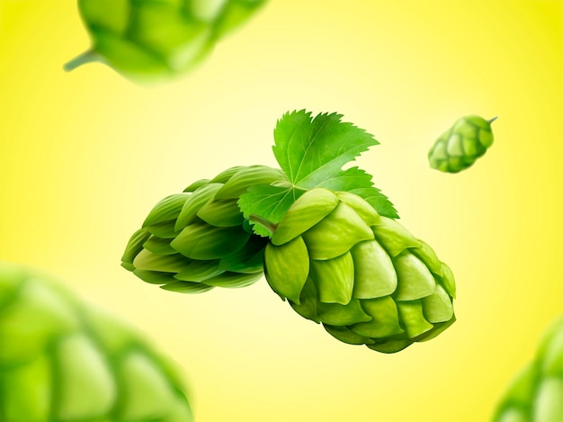 Green hops flower floating in the air in 3d illustration