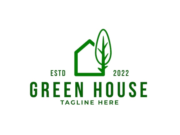 Green house logo зеленый монолиновый дом с деревом премиум-вектор