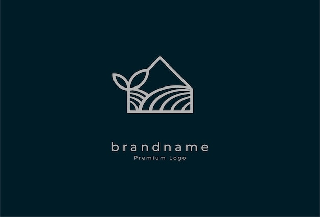 Green house Logo minimalist house with leaf and agricultural land in line art logo style