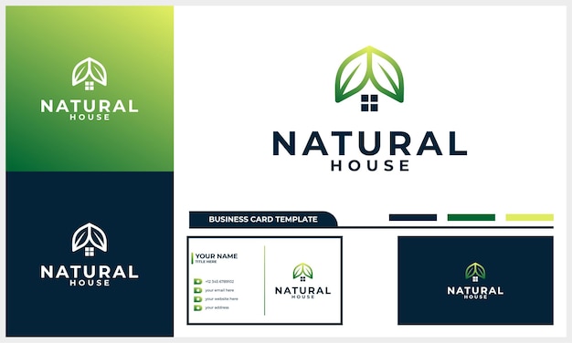 Vector green house, nature leaf with home logo design concept with business card template