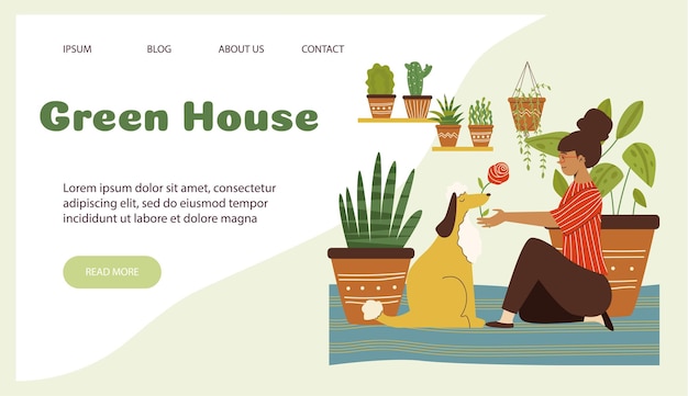 ベクトル 女性と一緒に温室のウェブページは家で楽しい時間を過ごしますフラットベクトルイラスト