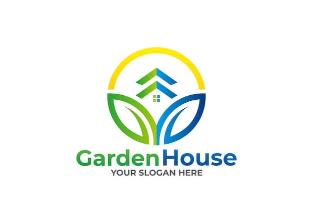 Green house with leaf vector logo design concept.