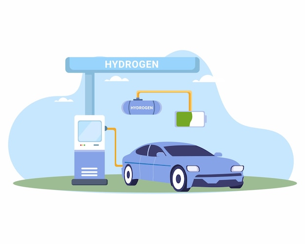 Vettore stazione di pompaggio del carburante dell'idrogeno verde e illustrazione vettoriale dell'auto