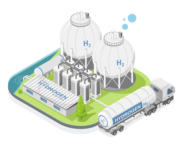 Vettore idrogeno verde h2 futura fabbrica di energia trasporto della centrale elettrica al concetto di città semirimorchio gas