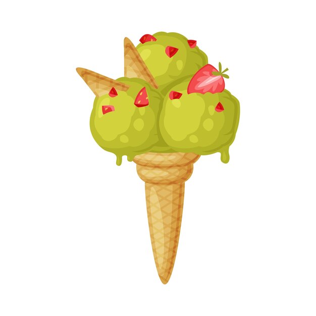 Green Ice Cream Ball in Waffle Cone with Strawberry as Frozen Dessert and Sweet Snack Vector Illustration