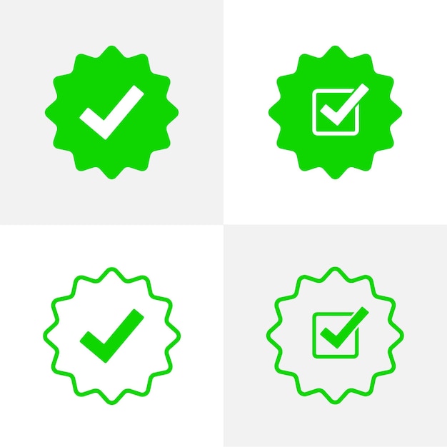 Vector green icon for verified social media profile. kit with four icons. approved sign.