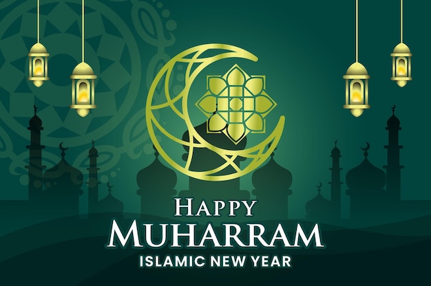 Green islamic new year banner with moon and flowers background