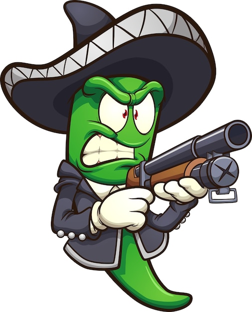 Green jalapeno pepper with a mariachi outfit and a shotgun