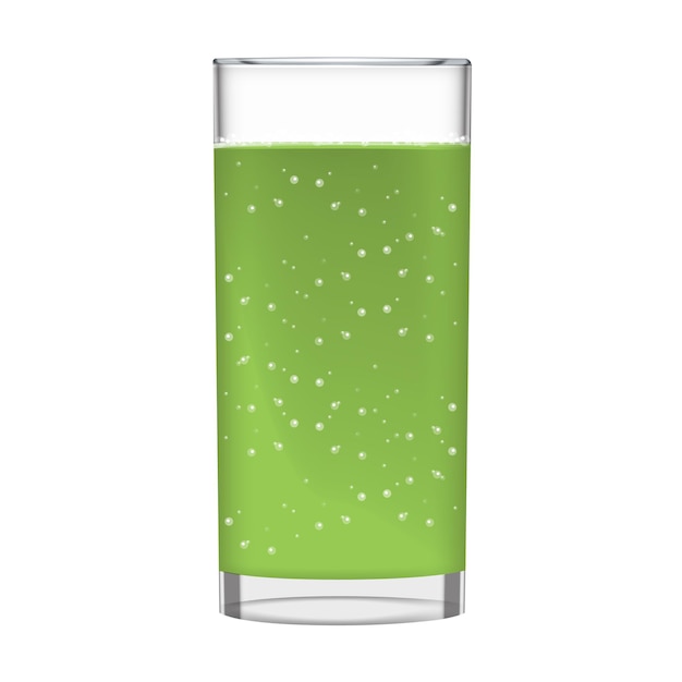 Вектор Зеленый сок со стаканом смузи и игристыми пузырьками фруктовый органический напиток прозрачная фотореалистичная иллюстрация