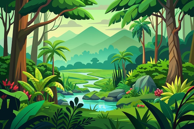 Вектор мультфильма "Зеленый джунгли" Иллюстрация концепции художественной работы в плоском стиле