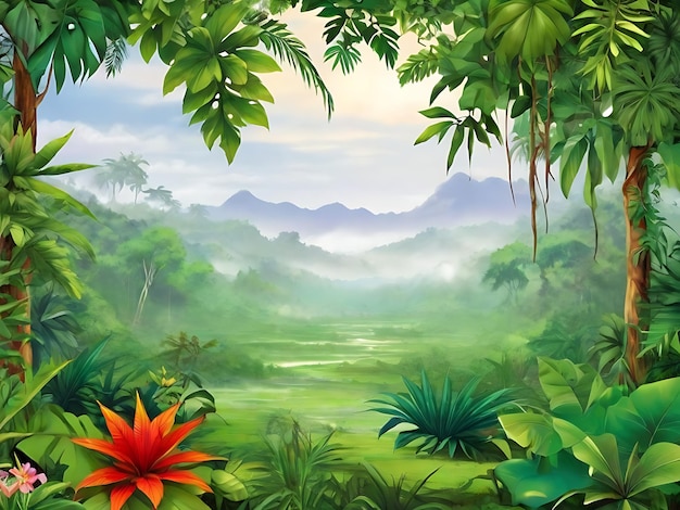 Green jungle landscape with tropical trees and plants Vector