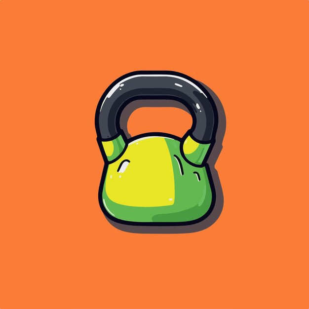 A green kettlebell with a yellow handle sits on an orange background