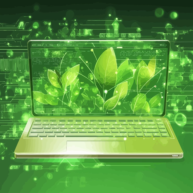 Vector a green keyboard with green leaves on it and a green background with a city in the background