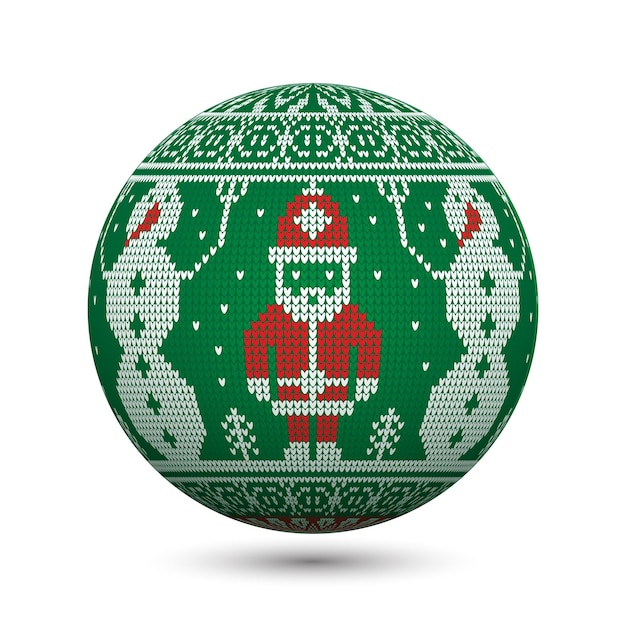 Vector green knitted christmas ball isolated on white background with santa claus and snowman on nordic ornament. perfect to use for greeting postcards or web banners.