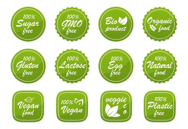 Green label collection for healthy food Sugar free organic food gluten free natural food vegan sticker collection Green vegan badges