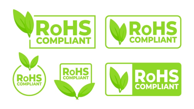 Vector green labels with a leaf icon indicating rohs compliant for electronics promoting environmentally r
