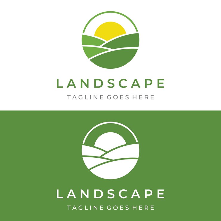 Green landscape logo creative template design with farmland or plantations and hillsLogo for natural and agricultural products