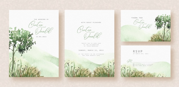 Vector green landscape watercolor on wedding invitation