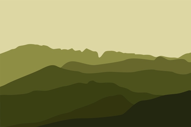 벡터 차가운 산의 실루을 가진 초록색 풍경 평평한 스타일의 터 일러스트레이션