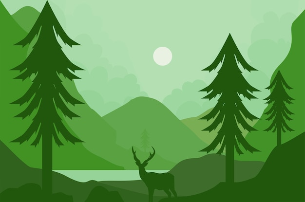 Зеленый пейзаж с оленем в лесу.