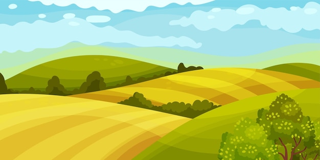 Вектор Зеленый пейзаж с холмистыми полями и векторной иллюстрацией ясного неба