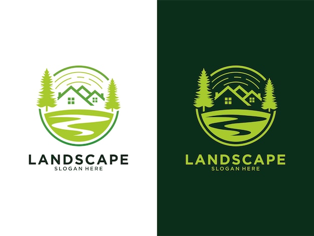 Green landscape with house and tree logo design