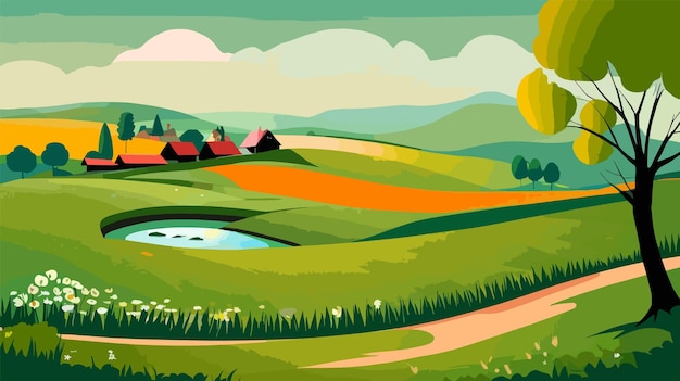 Green Landscape With Pond vector illustration